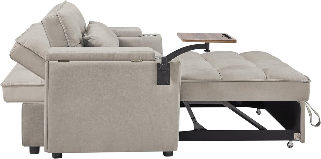 65' Cloud Couch Sleeper Sofa Bed with USB Charging Port & Side Pocket, Chenille Fabric Pull-Out Sofa with Thick Cushions, High Resilience Foam & Pillows for Living Room, Apartment, Small Spaces