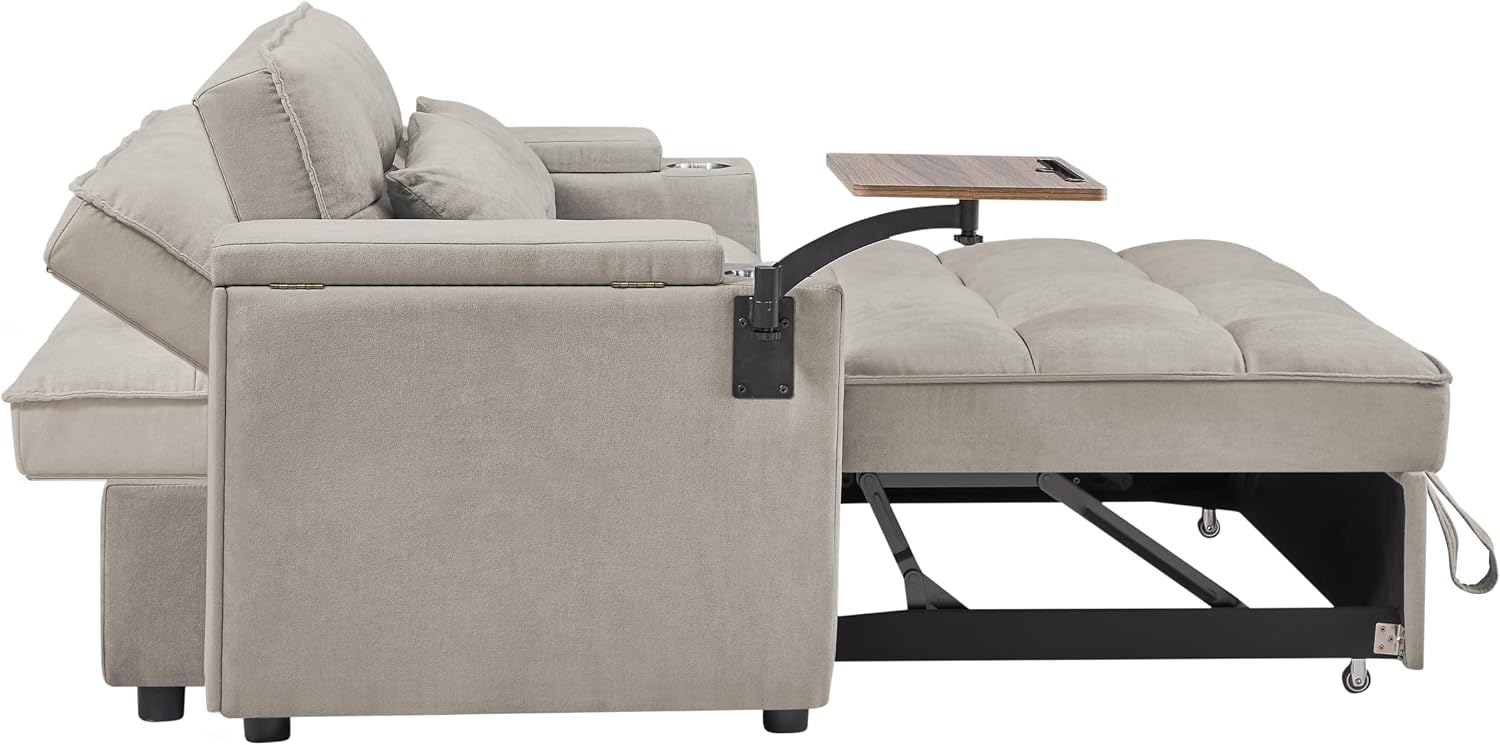65' Cloud Couch Sleeper Sofa Bed with USB Charging Port & Side Pocket, Chenille Fabric Pull-Out Sofa with Thick Cushions, High Resilience Foam & Pillows for Living Room, Apartment, Small Spaces