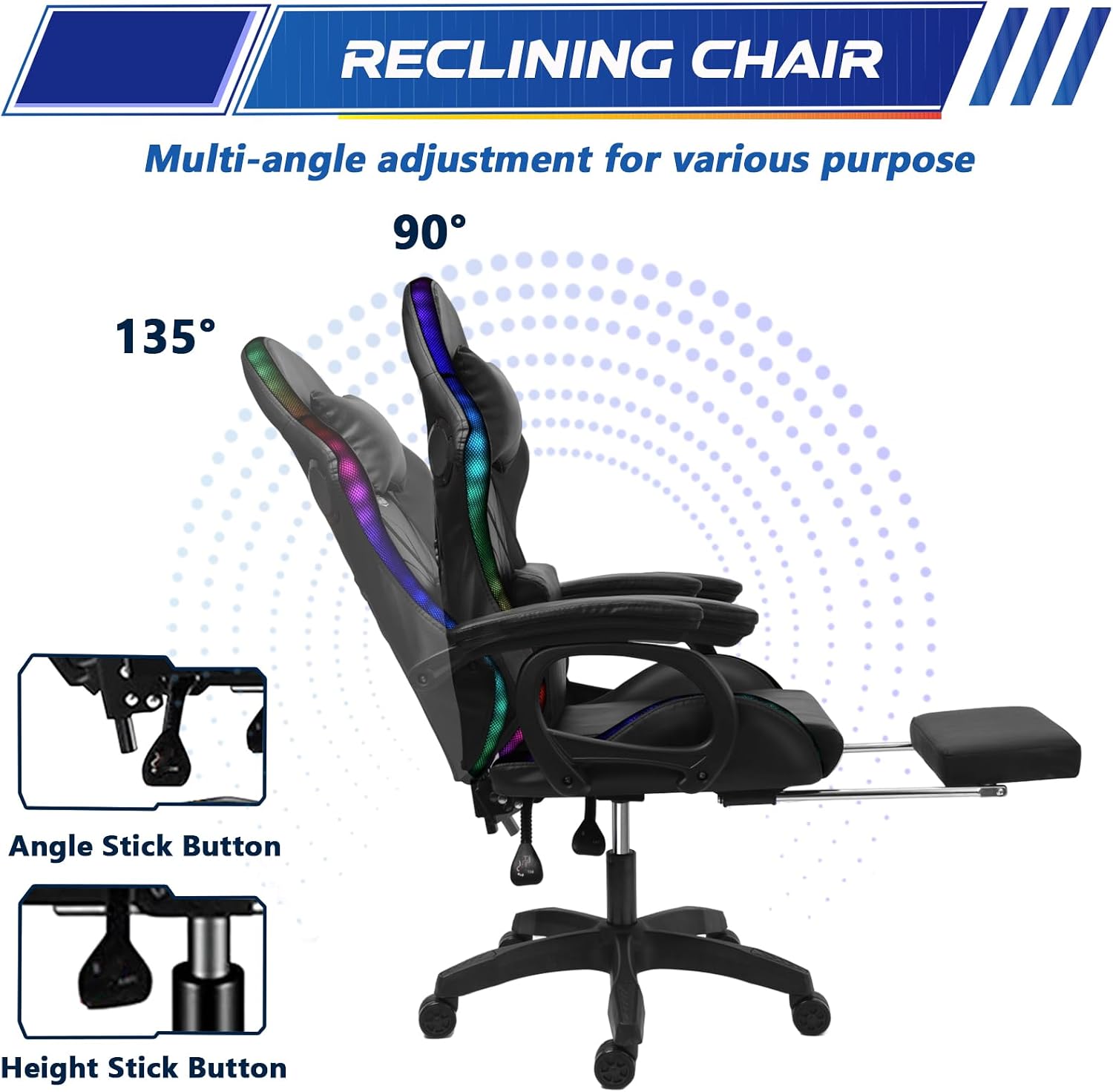 Ergonomic Gaming Chair Computer Chair with RGB LED Lights and Speakers, Office Chair PU Leather Massage Swivel Recliner Chair with Footrest Lumbar Support Headrest Armrest,Red