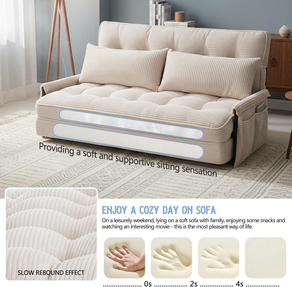 Convertible Futon Sofa Bed with Adjustable Backrest Pillows,Folding Loveseat Sleeper Sofa,Corduroy Pull Out Couches with Side Pocket for Living Room Bedroom Lounge（Cream）