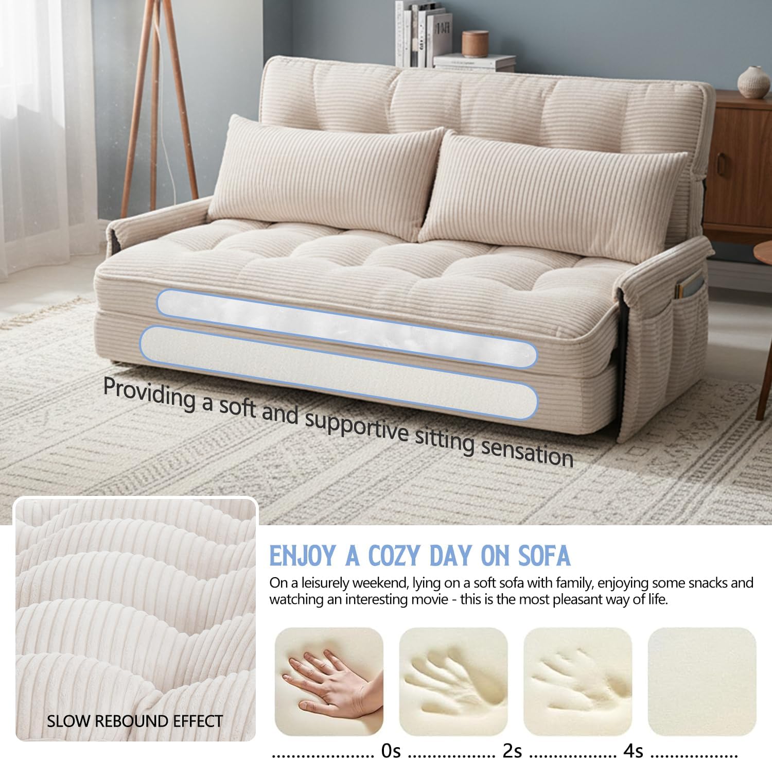 Convertible Futon Sofa Bed with Adjustable Backrest Pillows,Folding Loveseat Sleeper Sofa,Corduroy Pull Out Couches with Side Pocket for Living Room Bedroom Lounge（Cream）