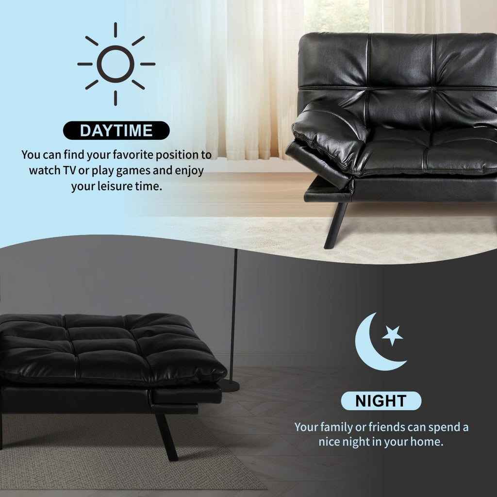 MUUEGM 71' Convertible Futon Sofa Bed, Upholstered Small Futon Couches with Adjustable Backrest, Loveseat Sleeper Bed for Compact Living Room Studio Office (Black)