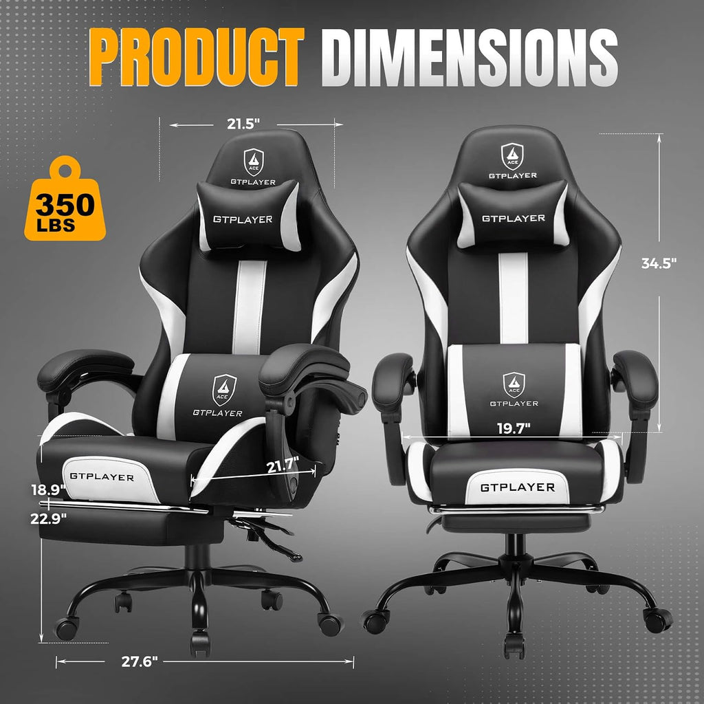 GTPLAYER Gaming Chair with Pocket Spring Cushion, Leather Office Chair with Ergonomic High Back & Lumbar Support for Back Pain Relief, Computer Game Chair for Adults, White/Black