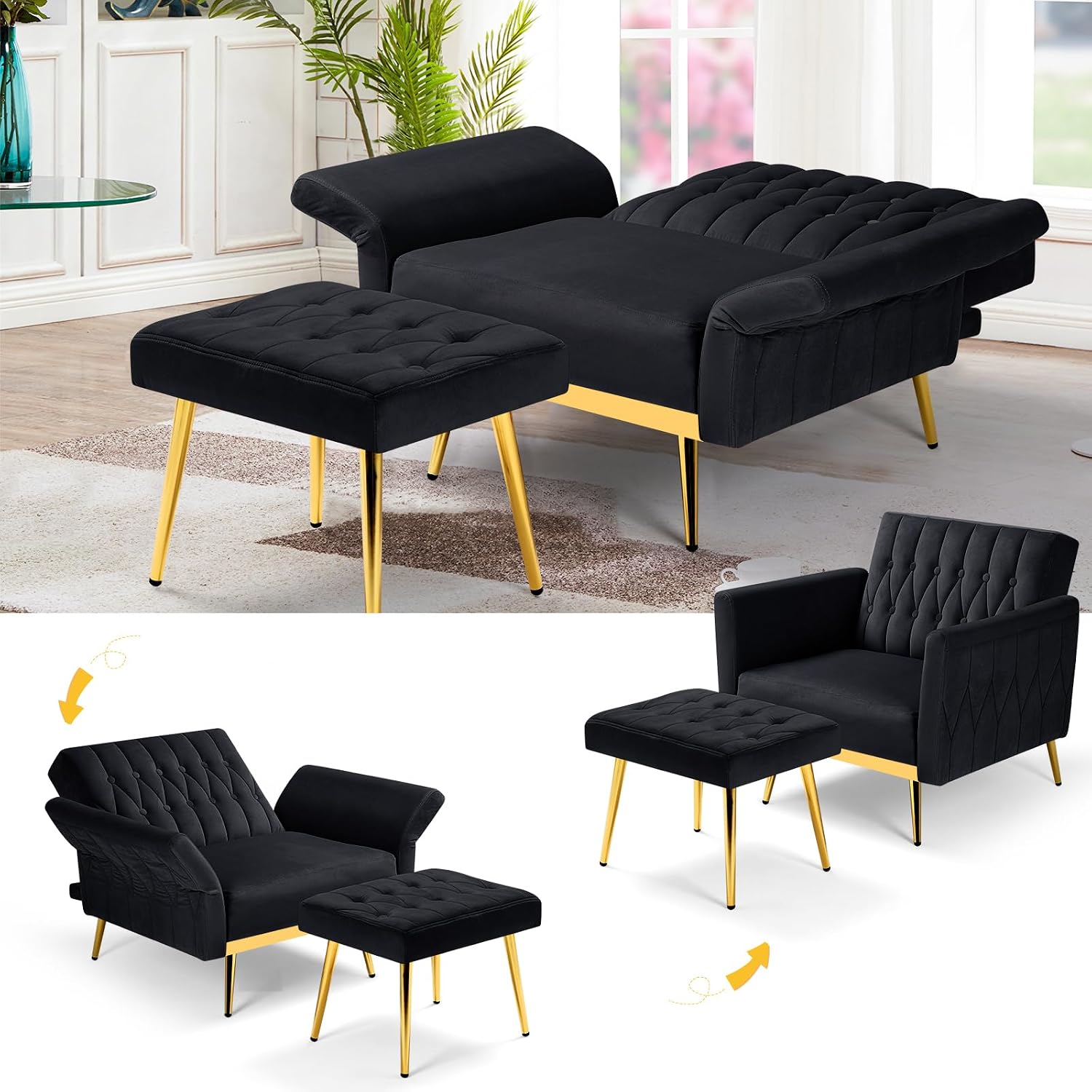 2 Pieces Velvet Sofa Set with Adjustable Armrest and Backrest, 70' Convertible Futon Sofa Bed & Mordern Accent Chair with Ottoman for Living Room, Bedroom, Black