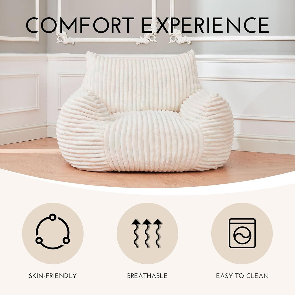 LKD Oversized Bean Bag Chairs for Adults,Bean Bag Chair with arms,Plush Bean Bag,Modern Living Room Decorative Chair,Corner Chair Bedroom,Reading Sofa, Dormitory Lounge Chairs (White, NO Ottoman)
