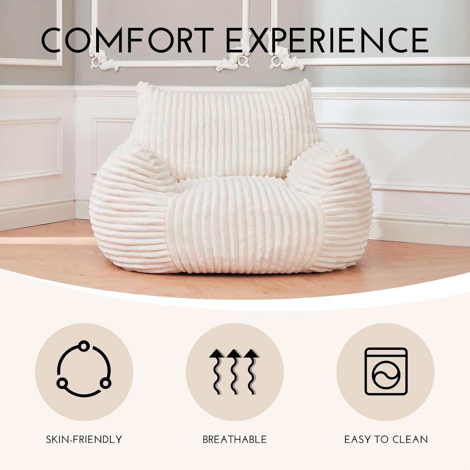 LKD Bean Bag Chairs for Adults,Comfy Corduroy Bean Bag Chair with Arms,Modern Living Room Decorative Corner Chair Bedroom,Reading Sofa, Dormitory Lounge Sofa Chairs for Bedroom (White，No Ottoman)