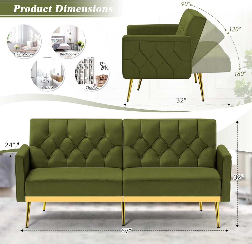 2 Pieces Velvet Sofa Set w/Adjustable Armrests and Backrests, Tufted Accent Chair w/Ottoman, Convertible Futon Sofa Bed for Bedroom, Living Room, Apartment, Olive Green
