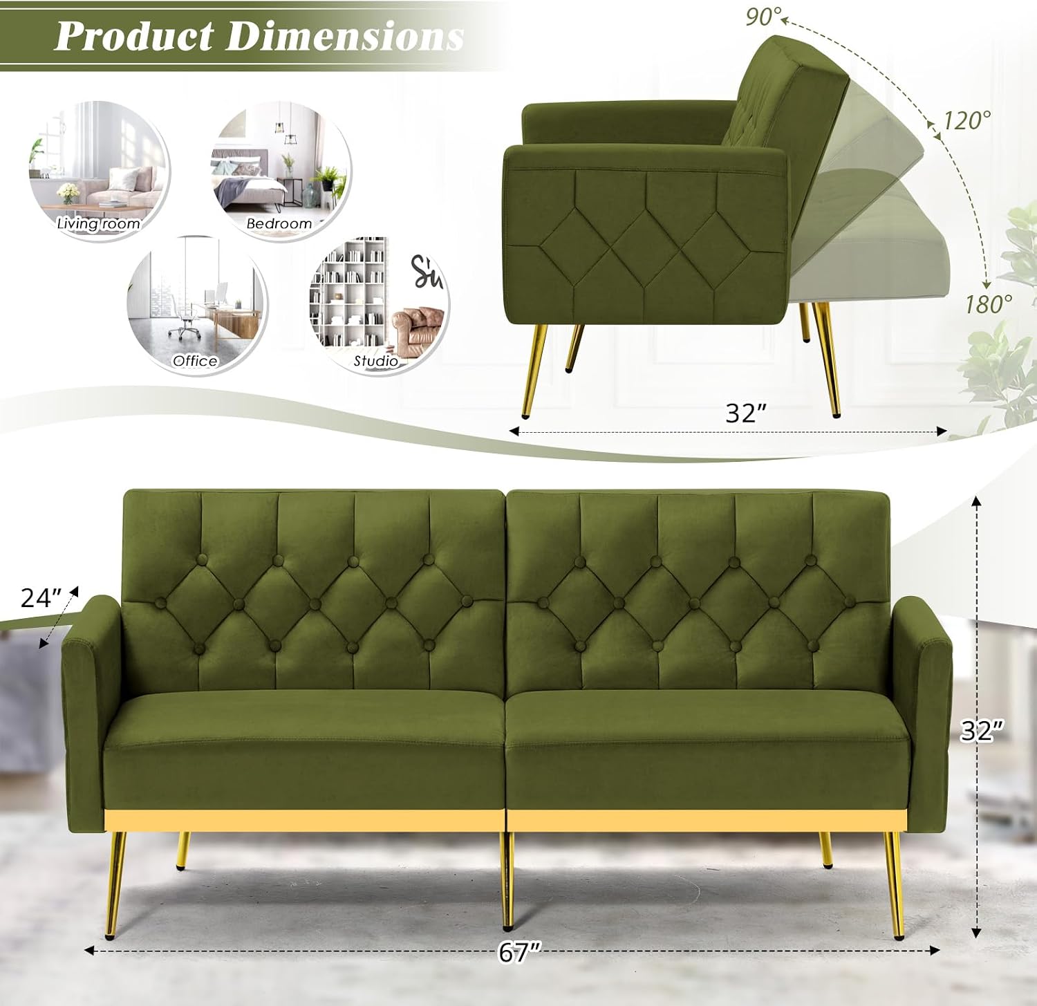2 Pieces Velvet Sofa Set w/Adjustable Armrests and Backrests, Tufted Accent Chair w/Ottoman, Convertible Futon Sofa Bed for Bedroom, Living Room, Apartment, Olive Green