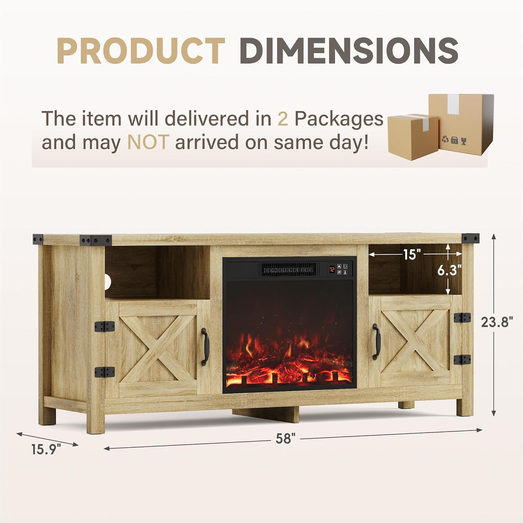 Furmax Entertainment Center with Fireplace, Fireplace TV Stand with Storage Cabinets and 2 Open Shelves, Modern Media TV Console for Living Room (Light Oak)