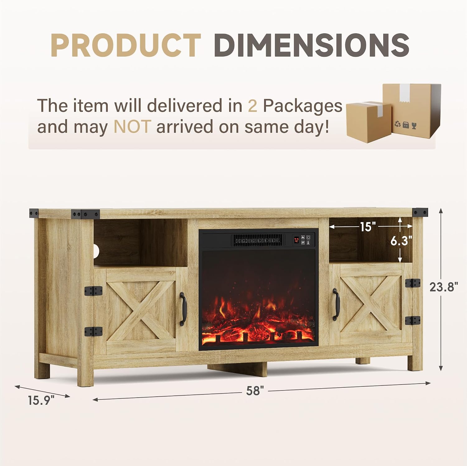 Furmax Entertainment Center with Fireplace, Fireplace TV Stand with Storage Cabinets and 2 Open Shelves, Modern Media TV Console for Living Room (Light Oak)