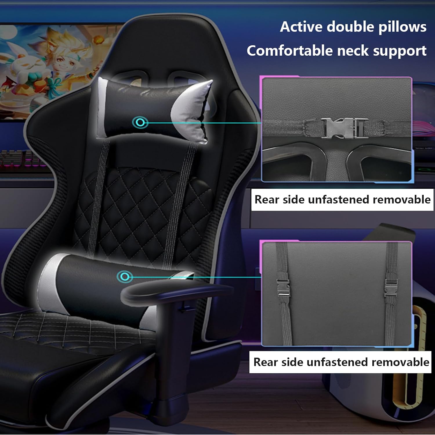 Gaming Chair Computer Chair with Footrest Breathable PVC Leather Video Game Chairs with Lumbar Support and Headrest 360 Degree Swivel Chair with Adjustable Ergonomic Backrest for Adults