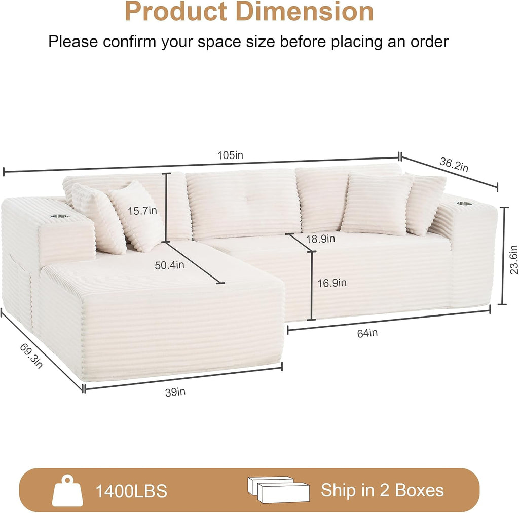 Modular Sectional Sofa, 105' L Shaped Comfy Cloud Couch with Deep Seat, Boneless Couch for Living Room, Corduroy Modular Sofa with Chaise and Cup Holders, No Assembly Required, Beige