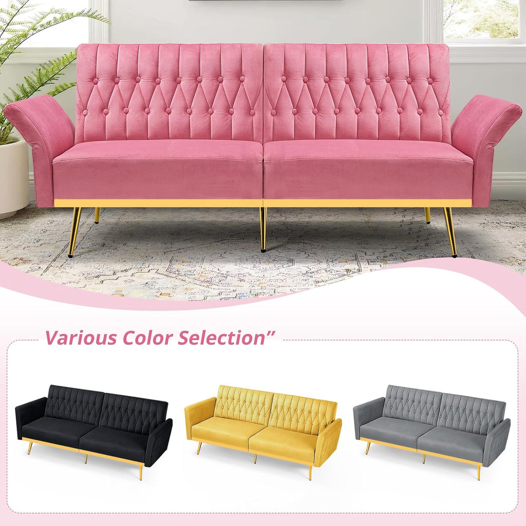 2 Pieces Velvet Sofa Set with Adjustable Armrest and Backrest, 70' Convertible Futon Sofa Bed & Mordern Accent Chair with Ottoman for Living Room, Bedroom, Pink