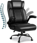LEMBERI High Back Executive Office Chair for Adult, Big and Tall Leather Home Desk Chairs with Padded Flip-up Arms, Swivel Rolling Computer Gaming Chair (Black)