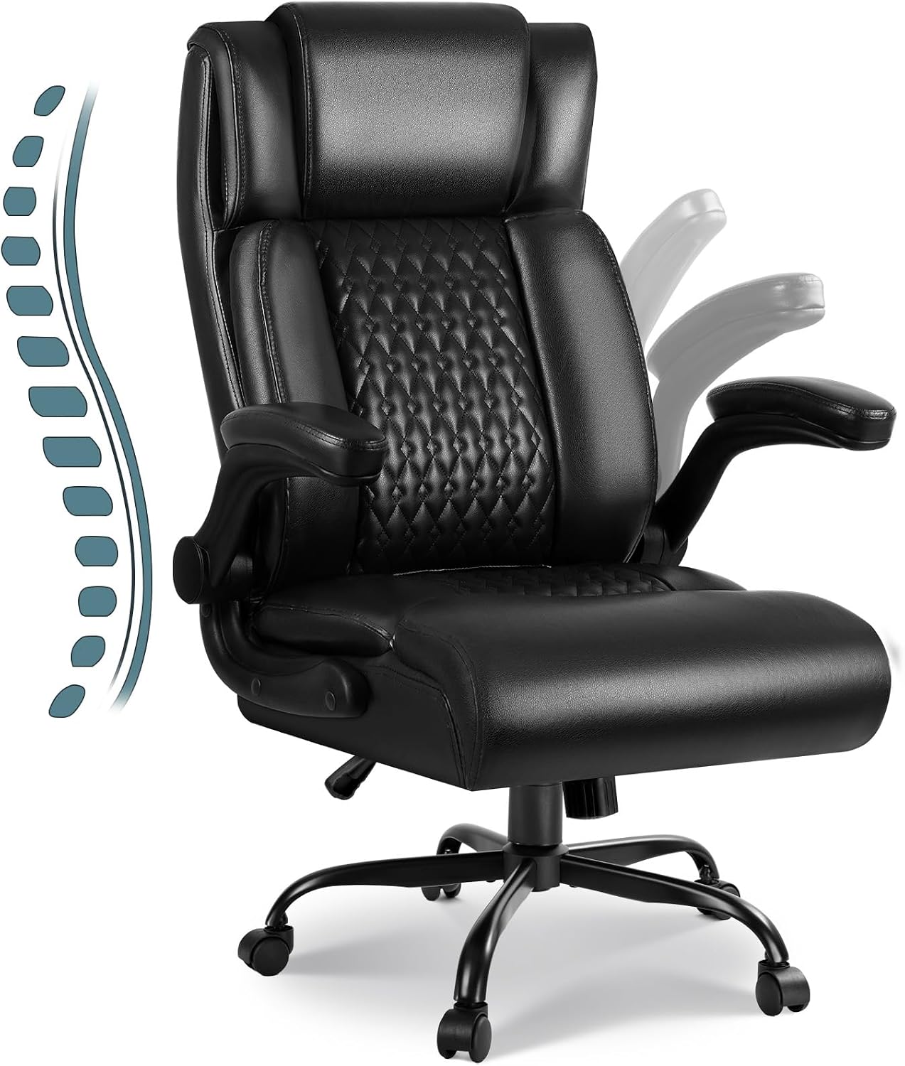 LEMBERI High Back Executive Office Chair for Adult, Big and Tall Leather Home Desk Chairs with Padded Flip-up Arms, Swivel Rolling Computer Gaming Chair (Black)