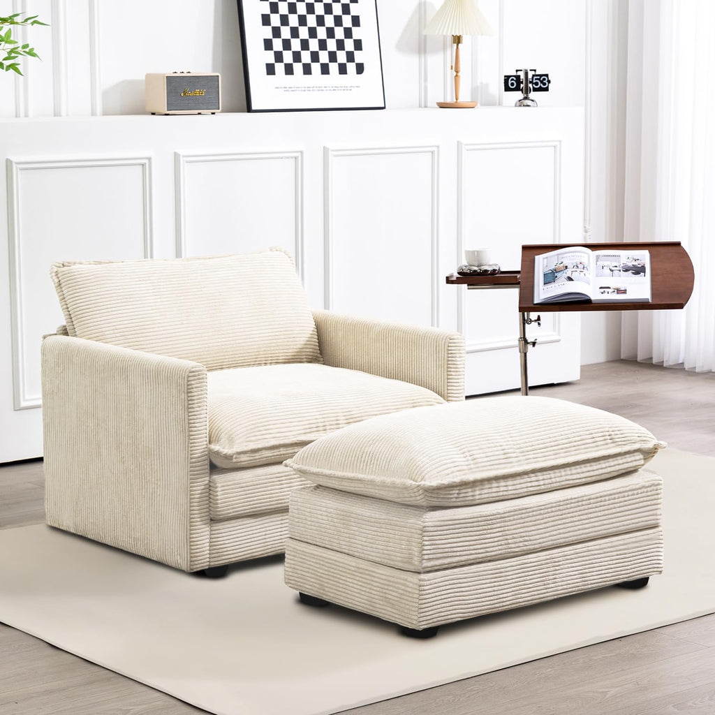 ROWHY Single Armchair with Ottoman, Modern Corduroy Cloud Couch with Convertible Chaise, Upholstered Sofa Set for Living Room, Beige