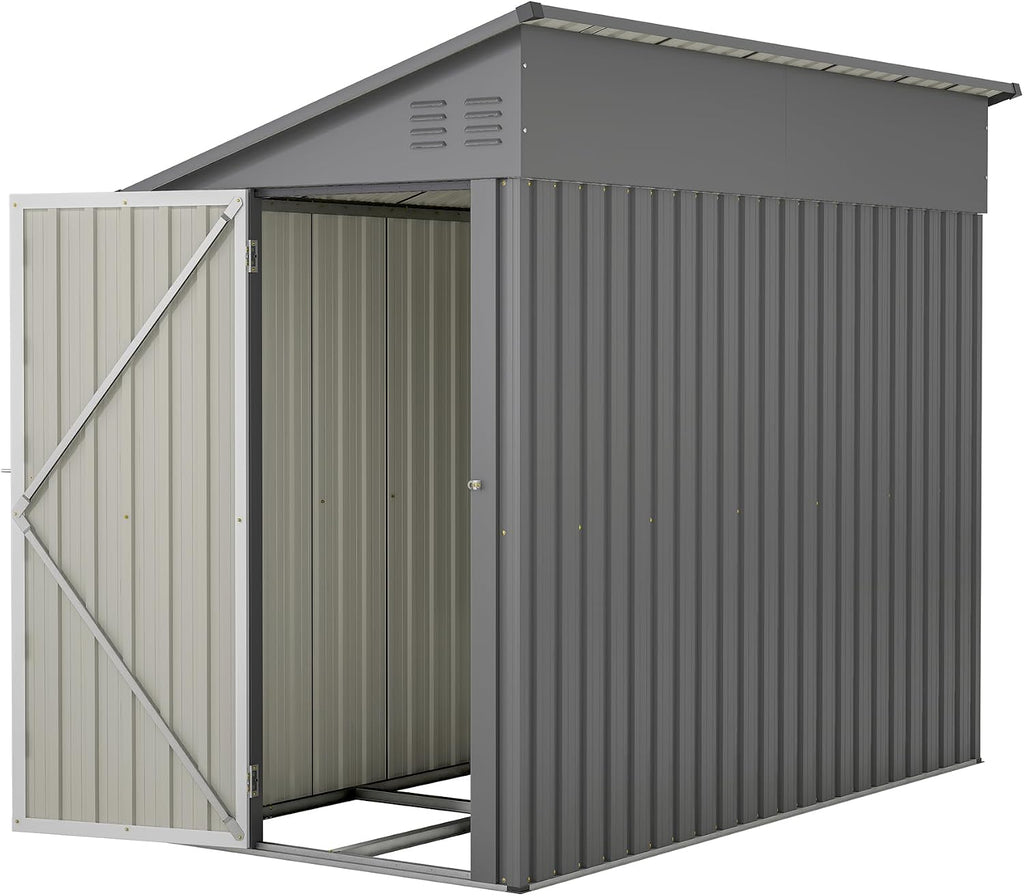 YOPTO 4×8 FT Lean to Metal Shed,Outdoor Heavy-Duty Storage Shed with Floor Base,All Weather Waterproof Garden Tool House W/Lockable Door&2 Air Vents,Reversible Door Design,for Backyard,Patio,Lawn,Gray