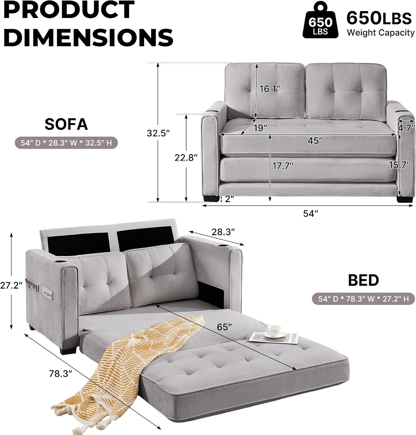 Convertible Sofa Bed, Pull Out Loveseat Sleeper Couch,Linen Fabric 2 in 1 Folding Couch Bed, Fold Out Floor Futon Couches with Cup Holder for Living Room, Bedroom,Small Space, Light Grey