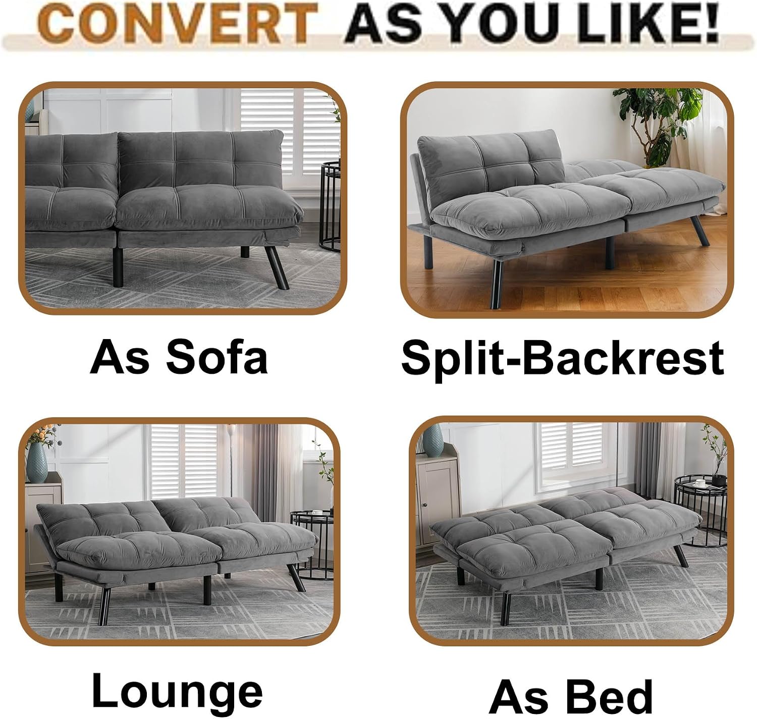 Anwick Velvet Convertible Futon Sofa Bed,71' Modern Comfy Loveseat Sleeper Sofa with Adjustable Backrest Armrest,Folding Futon Sleeper Recliner for Living Room,Office,Apartment (Light Grey)