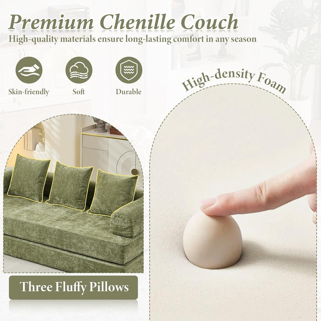 Futon Sofa Bed, Modular Convertible Folding 3 Seater Chenille Foam Floor Loveseat Sleeper Sofa Couch with 3 Pillows, No Assembly Compressed Boneless Couch, for Living Room Bedroom Guest Room, Green