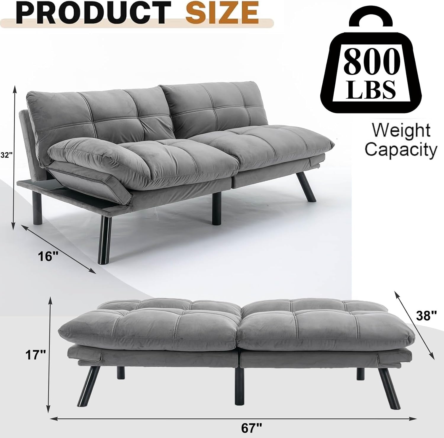 Anwick Velvet Convertible Futon Sofa Bed,71' Modern Comfy Loveseat Sleeper Sofa with Adjustable Backrest Armrest,Folding Futon Sleeper Recliner for Living Room,Office,Apartment (Light Grey)