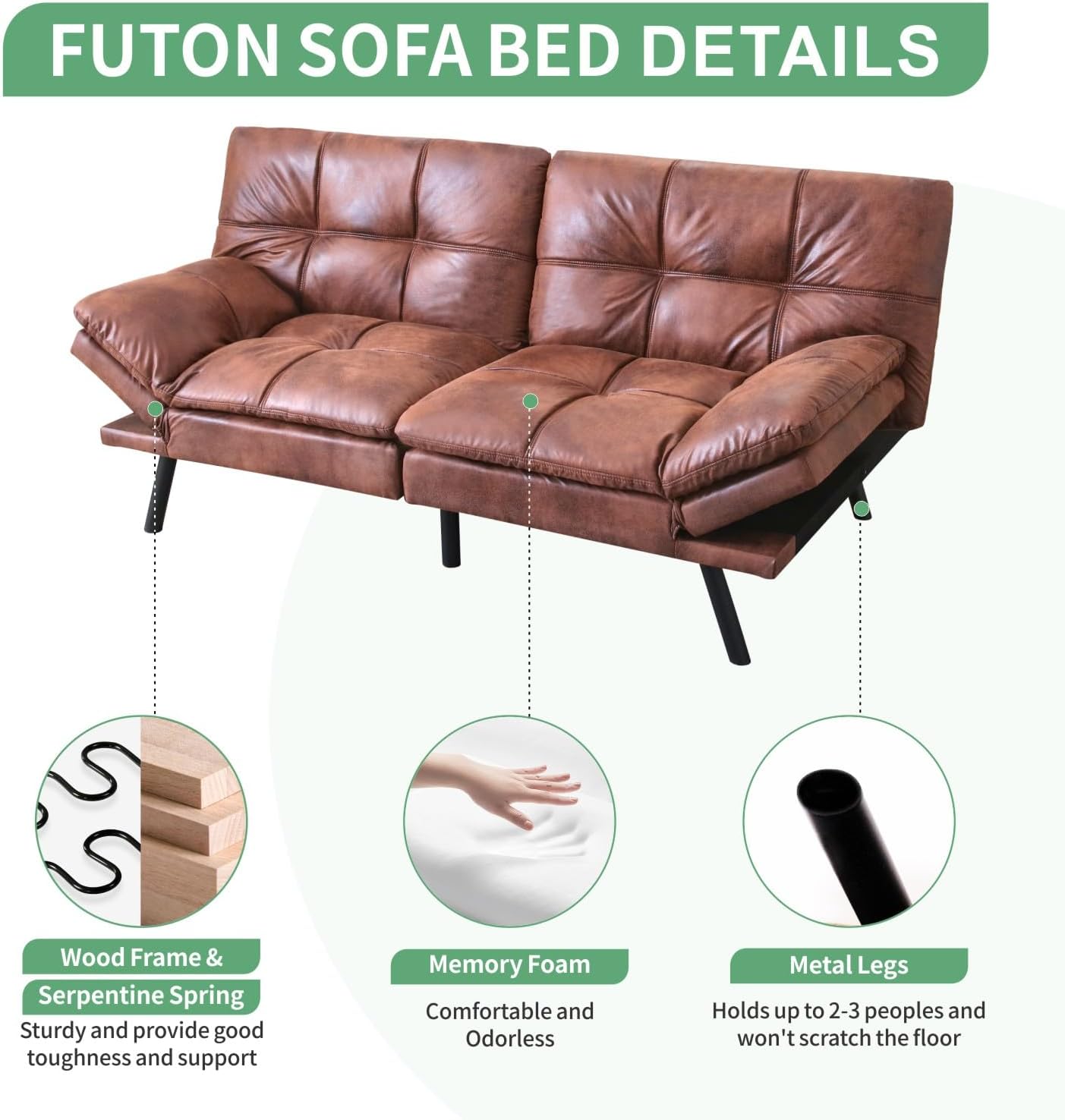 MUUEGM 71' Futon Sofa Bed, Convertible Couch Filled with Memory Foam, Modern Loveseat with Adjustable Backrest&Armrest, Sofas for Living Room,Game Room,Dormitory,Office.Brown Leather