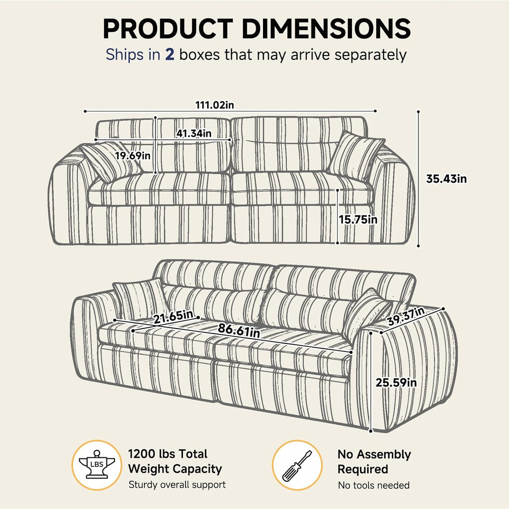 111' Modular Boneless Couch for Living Room, Pet Friendly Chenille Woven Sofa, Split-to-2 Chairs or Lounge Setup, 2-Piece Compressed Sofa in a Box, No Assembly, 1200 lb Total,Black & White