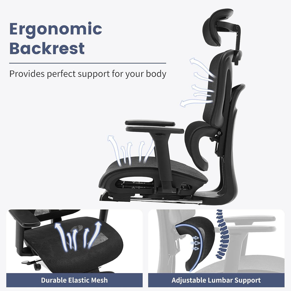 Ergonomic High Back Mesh Reclining Office Chair with Footrest, Dynamic Lumbar Support - Swivel Task Chair for Home & Gaming, Black