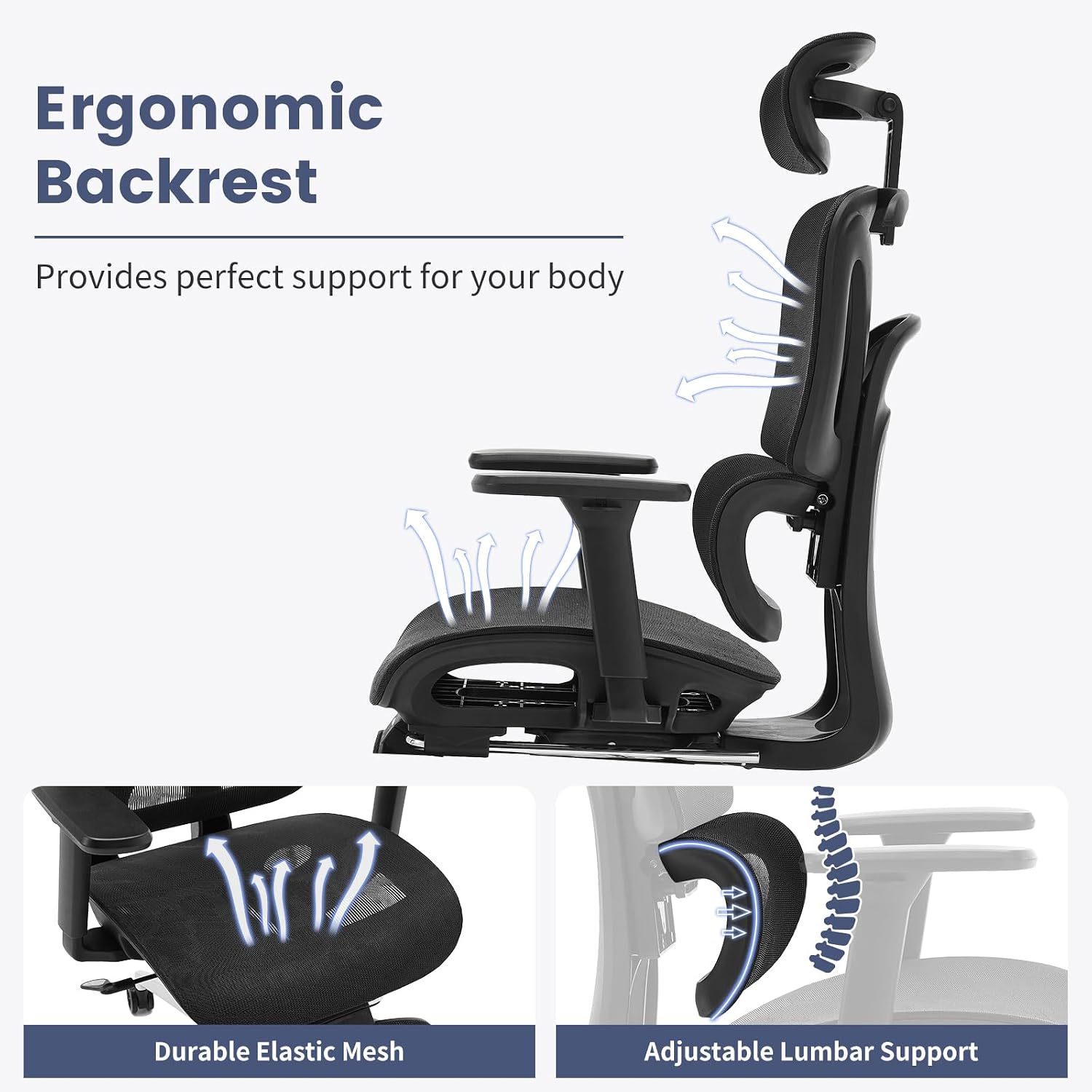 Ergonomic High Back Mesh Reclining Office Chair with Footrest, Dynamic Lumbar Support - Swivel Task Chair for Home & Gaming, Black