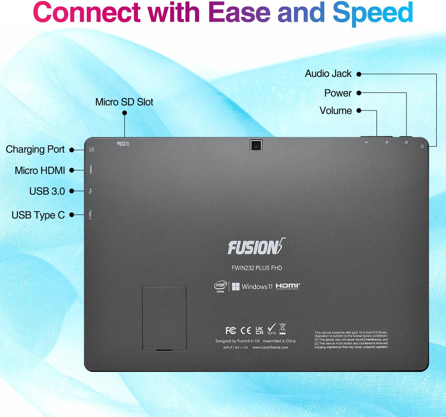 Fusion5 10.1' Windows 11 Tablet PC - FWIN232 Plus Ultra Slim Windows Tablet Computer - Intel 13th Gen, 8GB RAM, Full HD 10 Inch Display, 5G WiFi, USB 3.0, Micro HDMI, Dual Cameras, Bluetooth