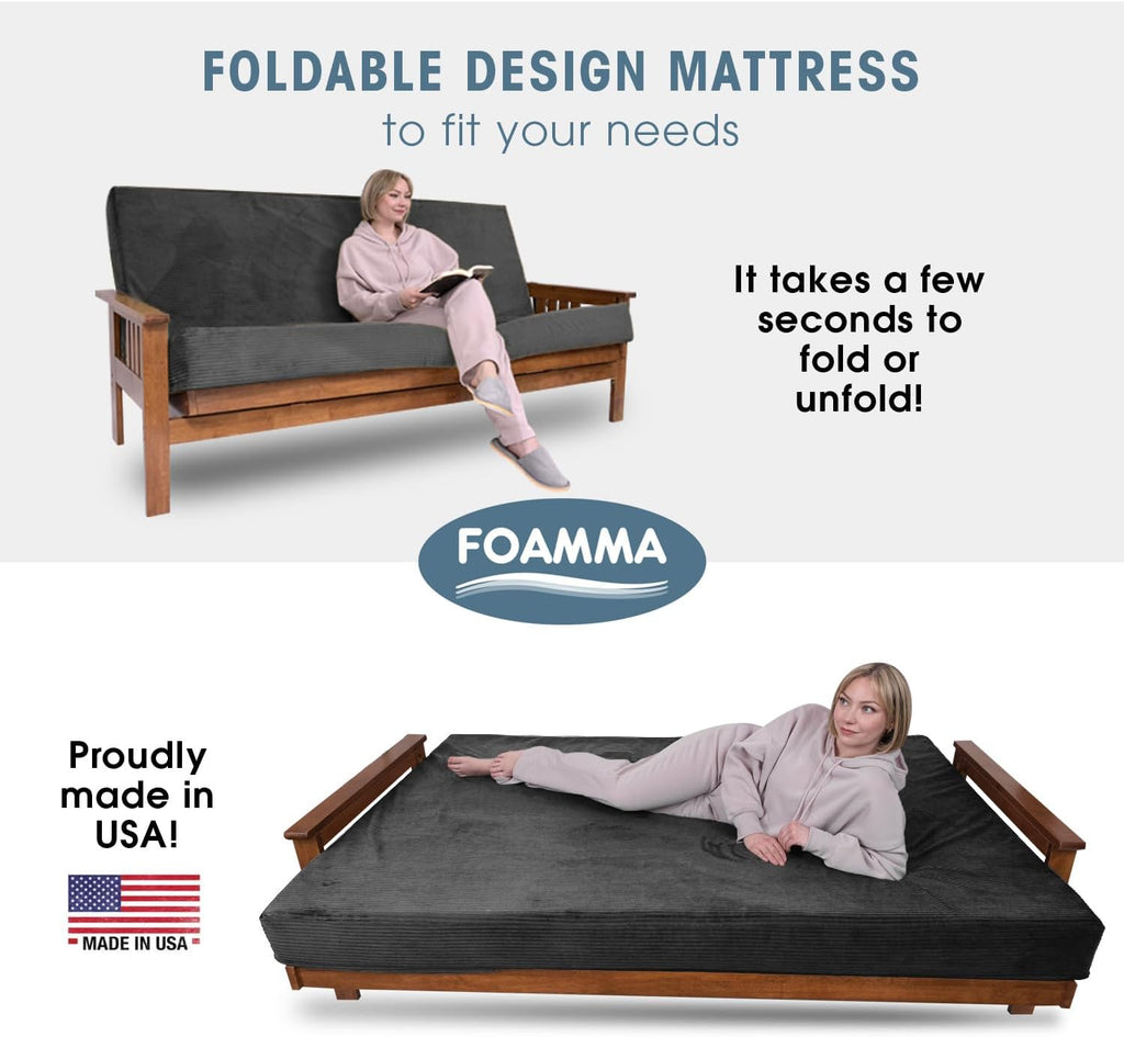 Foamma Memory Foam Futon Mattress, Double-Sided Foldout Couch Futon Mattress, 6' x 54' x 80' Full XL (Charcoal), Corduroy Fabric - Heavy Duty Sofa Bed, Thick Corded Cushion (Frame NOT Included)