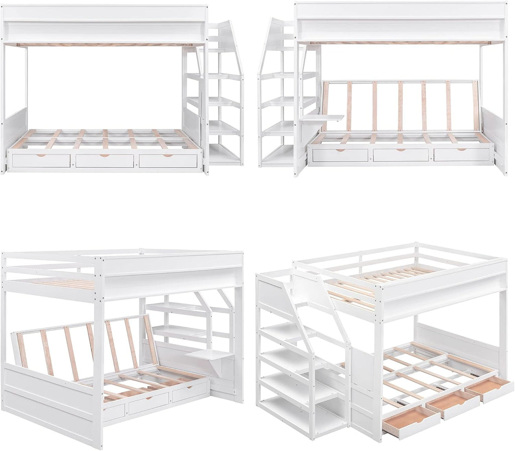Harper & Bright Designs Full Over Full/Futon Bunk Beds with Stairs and 3 Drawers, Built-in Shelf, Bottom Bed can be Converted into Daybed, Solid Wood Bunk Bed Frame (White)