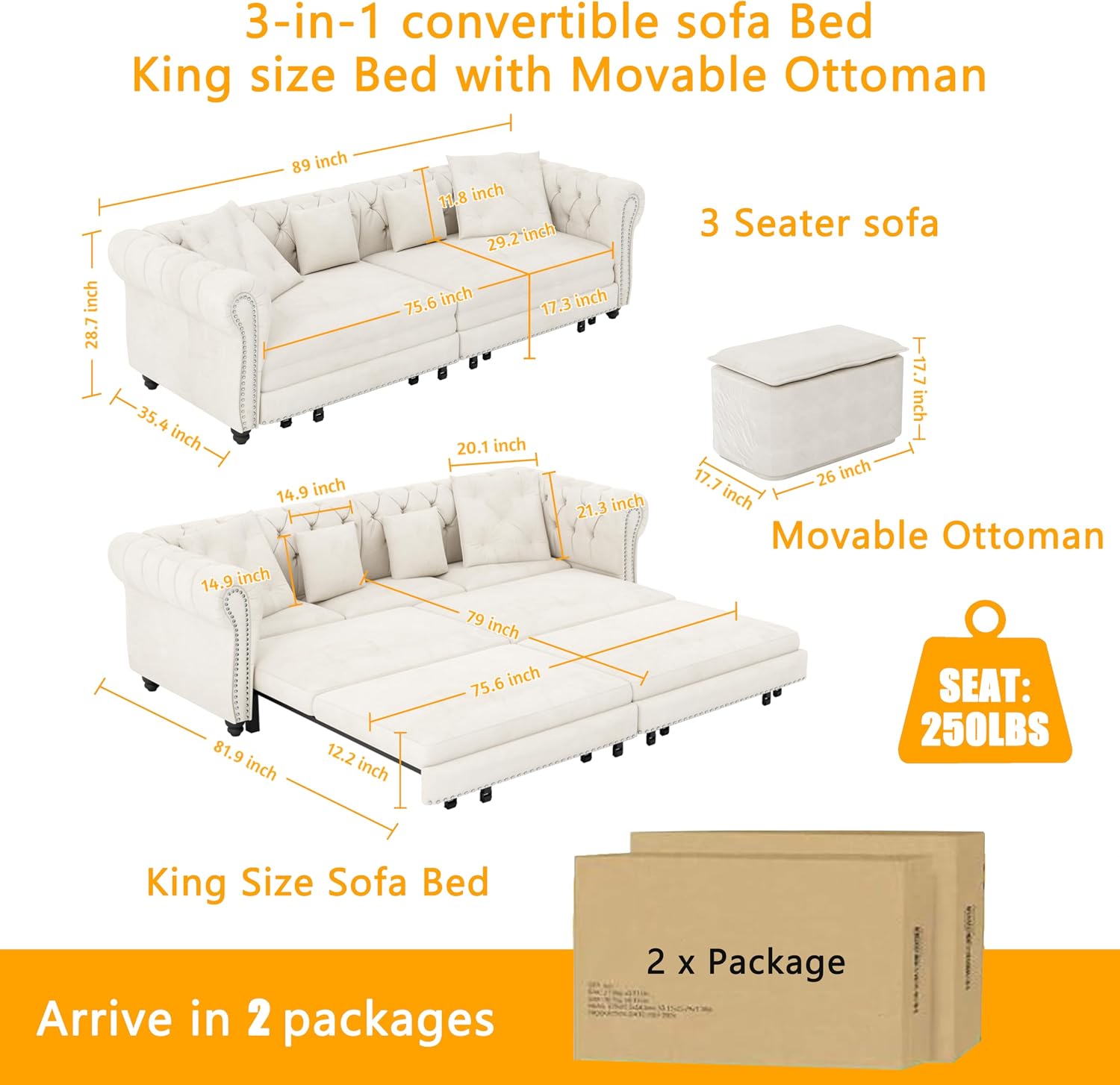 89' King Pull Out Sofa Bed, Velvet Chesterfield Sleeper Sofa Couch, 3 in 1 Convertible Tufted Futon Couches with Ottoman for Living Room, Small Space, Apartment, Office, Bedroom, Beige