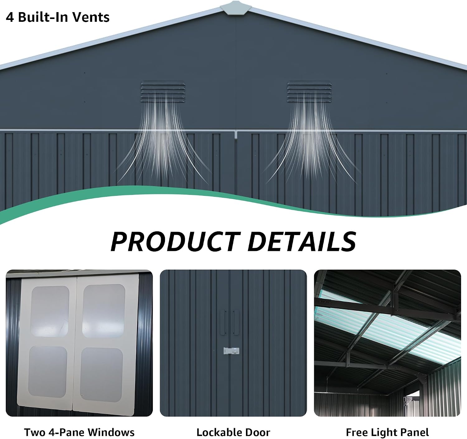 13x20ft Outdoor Storage Shed, Metal Storage Shed Heavy Duty, Large Garage Shed with 2 Doors 4 Vents 2 Translucent Roof