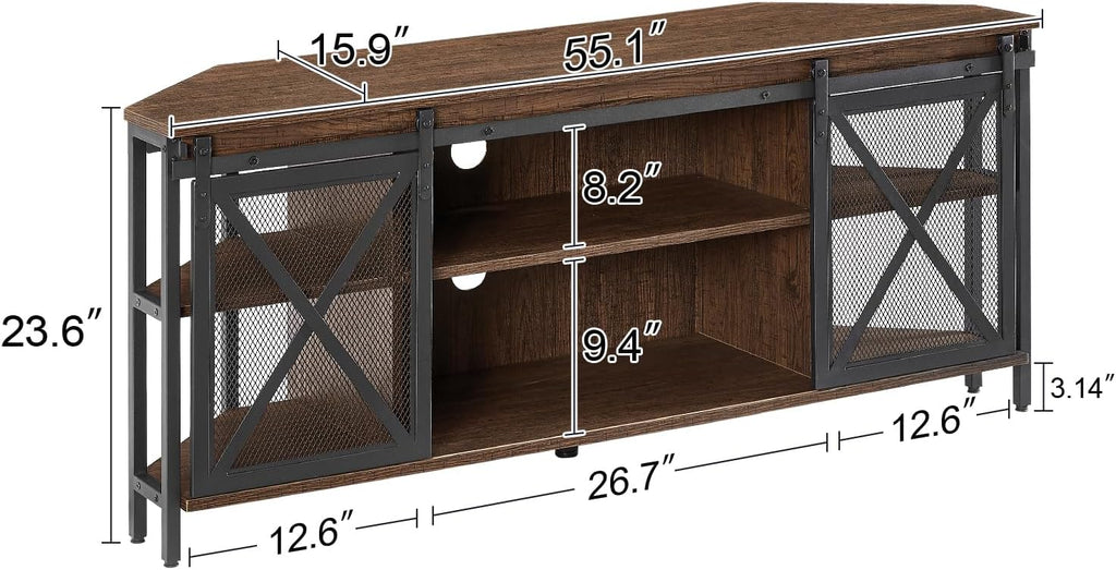 HOMISSUE Corner TV Stand for 55 Inch TV, Rustic Corner Entertainment Center with Storage, Industrial Media Console Table with Sliding Barn Door, Entertainment Center for Living Room, Brown
