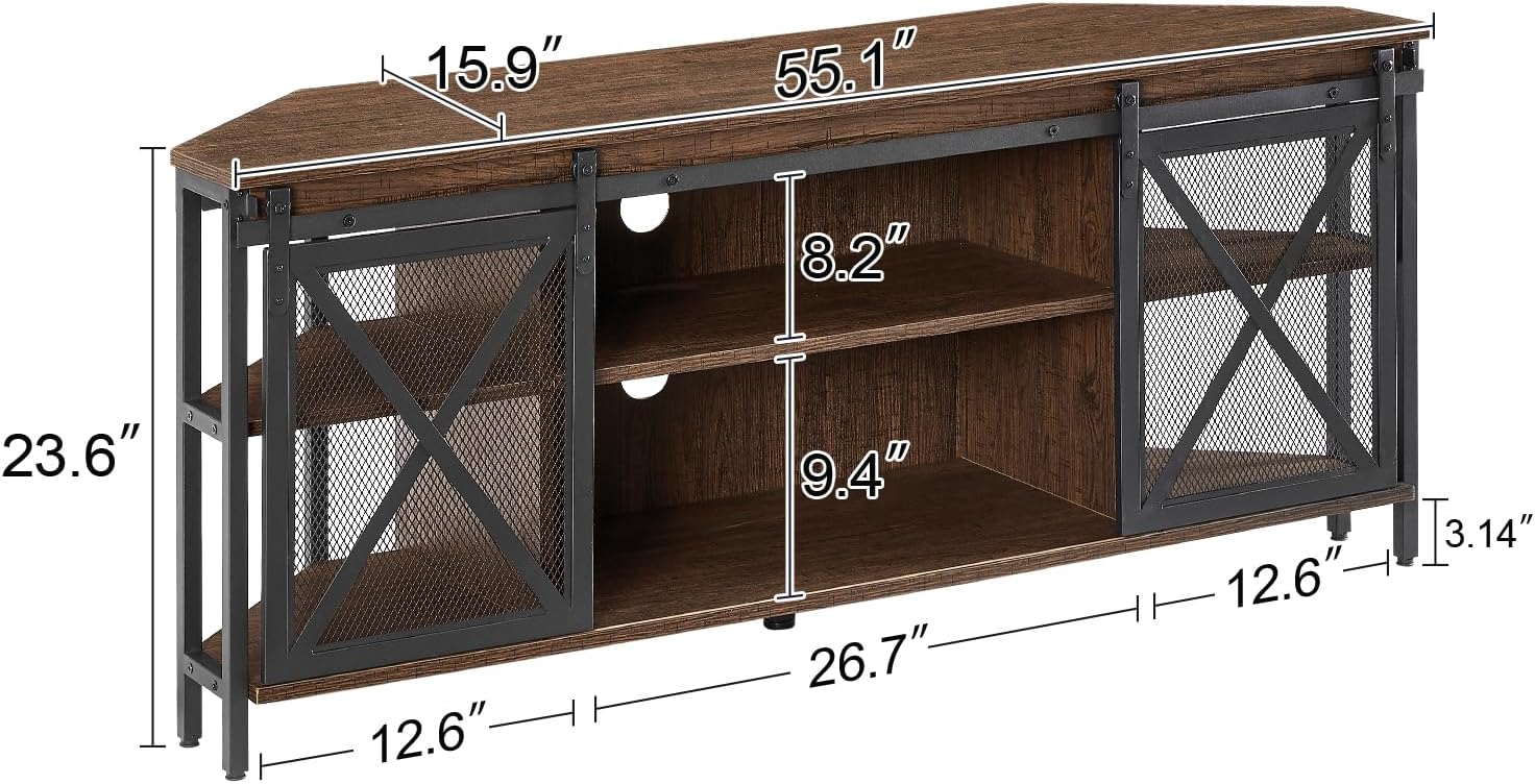 HOMISSUE Corner TV Stand for 55 Inch TV, Rustic Corner Entertainment Center with Storage, Industrial Media Console Table with Sliding Barn Door, Entertainment Center for Living Room, Brown