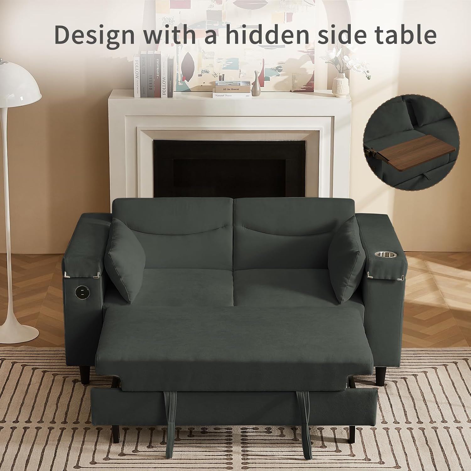 hansones 66' Multi-Functional Pull-Out Sofa Bed with Hidden Side Table, Storage Armrests, Built-in Charging Port, Spring Mattress, Solid Wood Frame – Ideal for Small Spaces, Easy Assembly