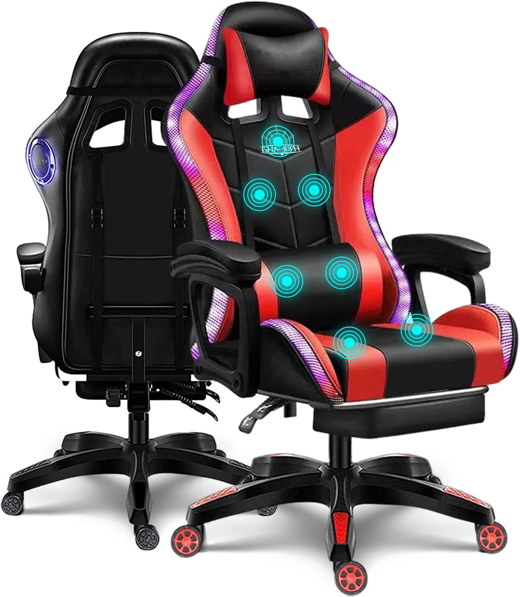 Gaming Chair for Adults with Speakers Massage Computer Office Chair RGB Gamer Chair with Footrest and Lumbar Support Music Video Game Chair High Back PU Leather Ergonomic Desk PC Chair,Red