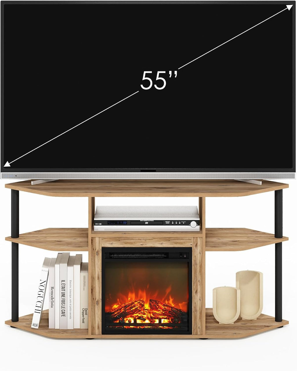 Furinno Jensen Fireplace TV Stand, Corner Entertainment Center, TV Console for TV up to 55 Inch with Fireplace, Plastic Poles and Open Storage, for Living Room, Bedroom, Flagstaff Oak