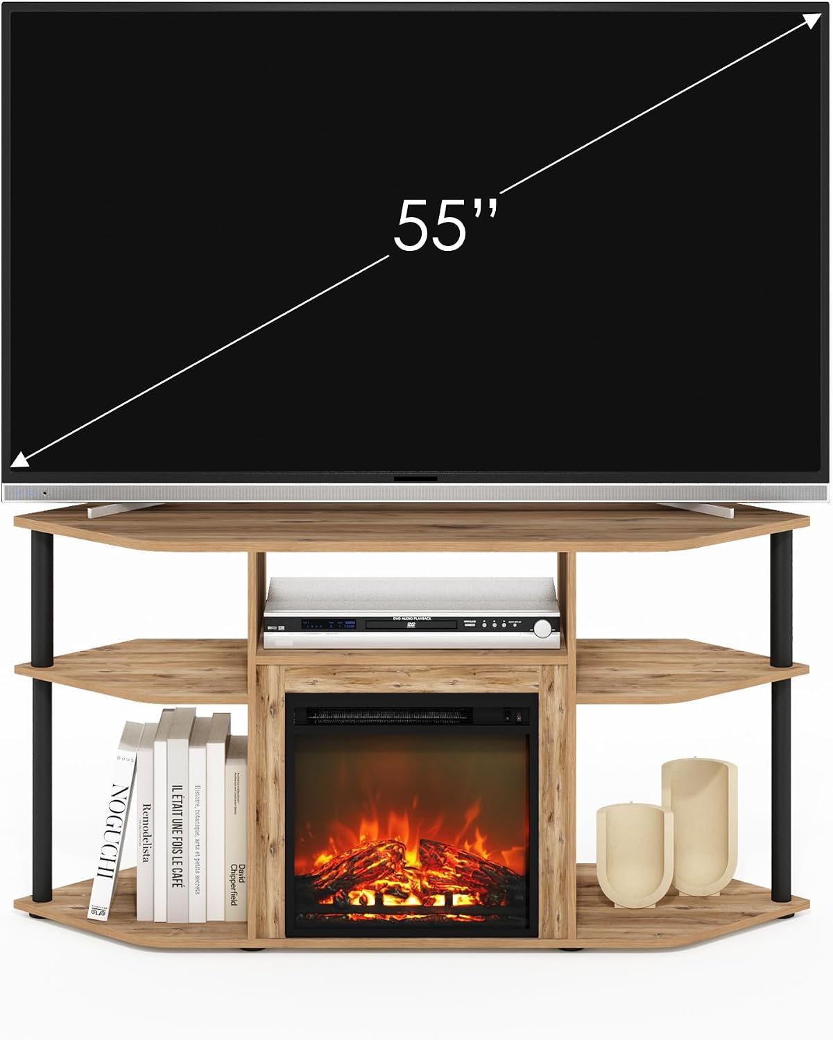 Furinno Jensen Fireplace TV Stand, Corner Entertainment Center, TV Console for TV up to 55 Inch with Fireplace, Plastic Poles and Open Storage, for Living Room, Bedroom, Flagstaff Oak