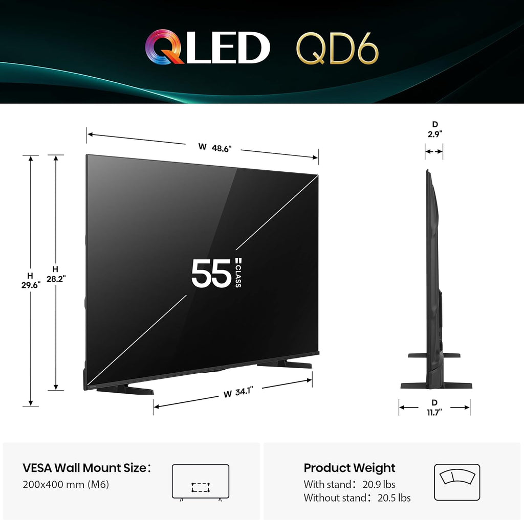 Hisense 55' Class QD6 Series (55QD6QF, 2025 Model) QLED 4K UHD Smart Fire TV, Voice Remote with Alexa, Dolby Vision, Dolby Atmos, Motion Rate 120, HDR 10+, Game Mode Plus, MEMC, VRR, ALLM