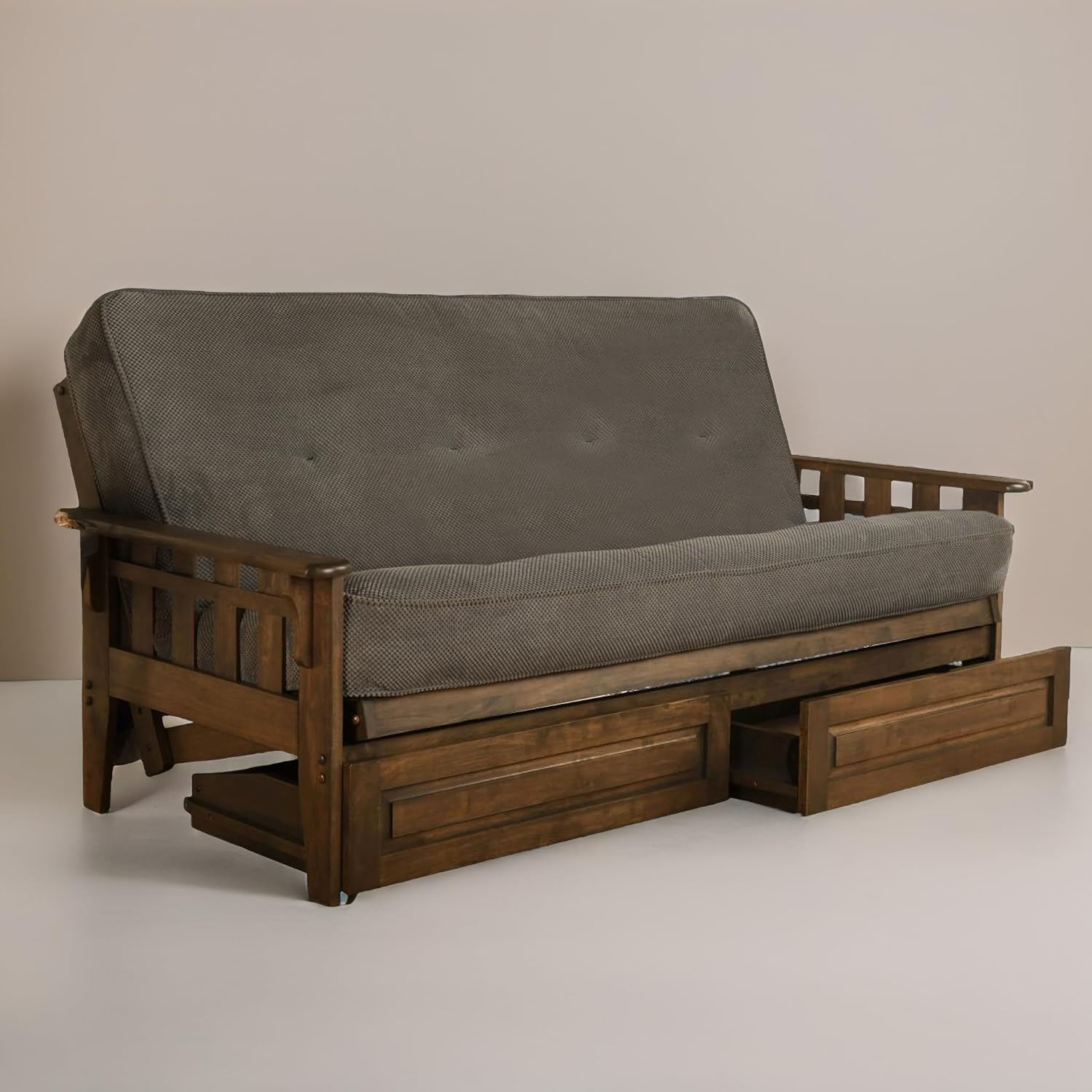 FutonX Rustic Walnut Frame and Mattress Set with Choice to add Drawers, 8 Inch Innerspring Futon Sofa Bed Full Size Wood (Marmont Thunder, Frame and Drawers)