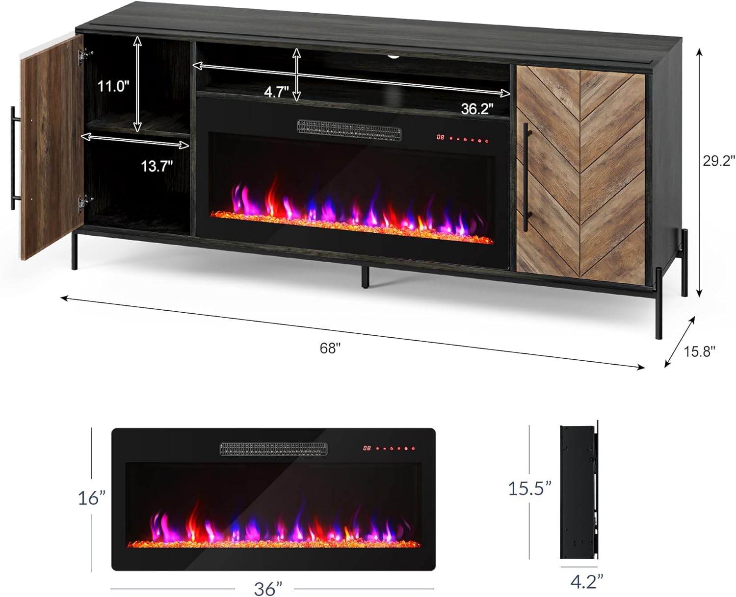 BELLEZE 68' TV Stand with 36' Electric Fireplace Heater, Entertainment Center with Storage Cabinet, Console Table for TVs up to 75' for Living Room, Bedroom - Harper (Black Ebony)