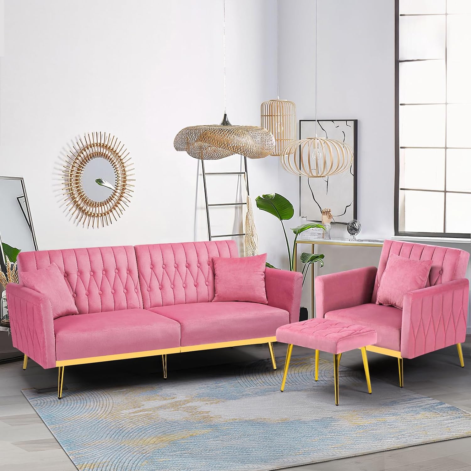 2 Pieces Velvet Sofa Set with Adjustable Armrest and Backrest, 70' Convertible Futon Sofa Bed & Mordern Accent Chair with Ottoman for Living Room, Bedroom, Pink