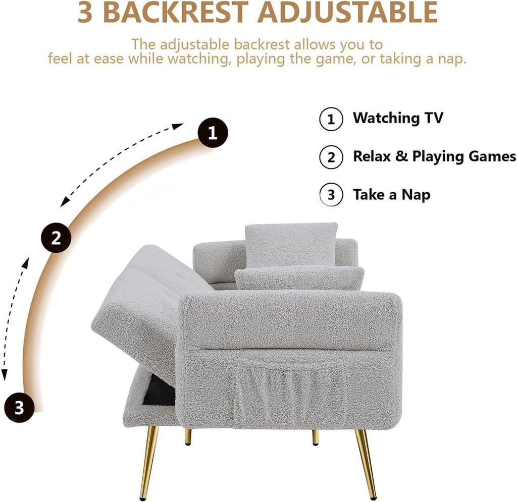 69.5' Grey Convertible Futon Sofa Bed with Adjustable Backrest and Armrests, Teddy Upholstered Loveseat Sleeper Couch with 2 Pillows and Metal Legs Love Seat for Guest Room Living Room (Grey)