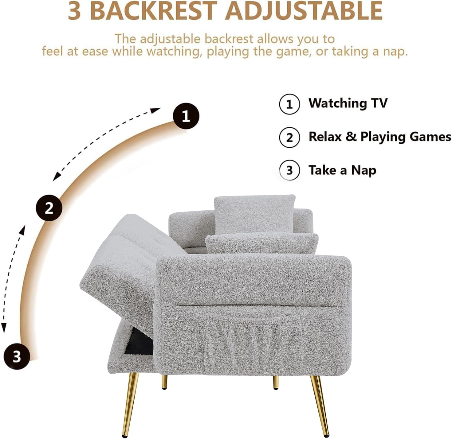69.5' Grey Convertible Futon Sofa Bed with Adjustable Backrest and Armrests, Teddy Upholstered Loveseat Sleeper Couch with 2 Pillows and Metal Legs Love Seat for Guest Room Living Room (Grey)