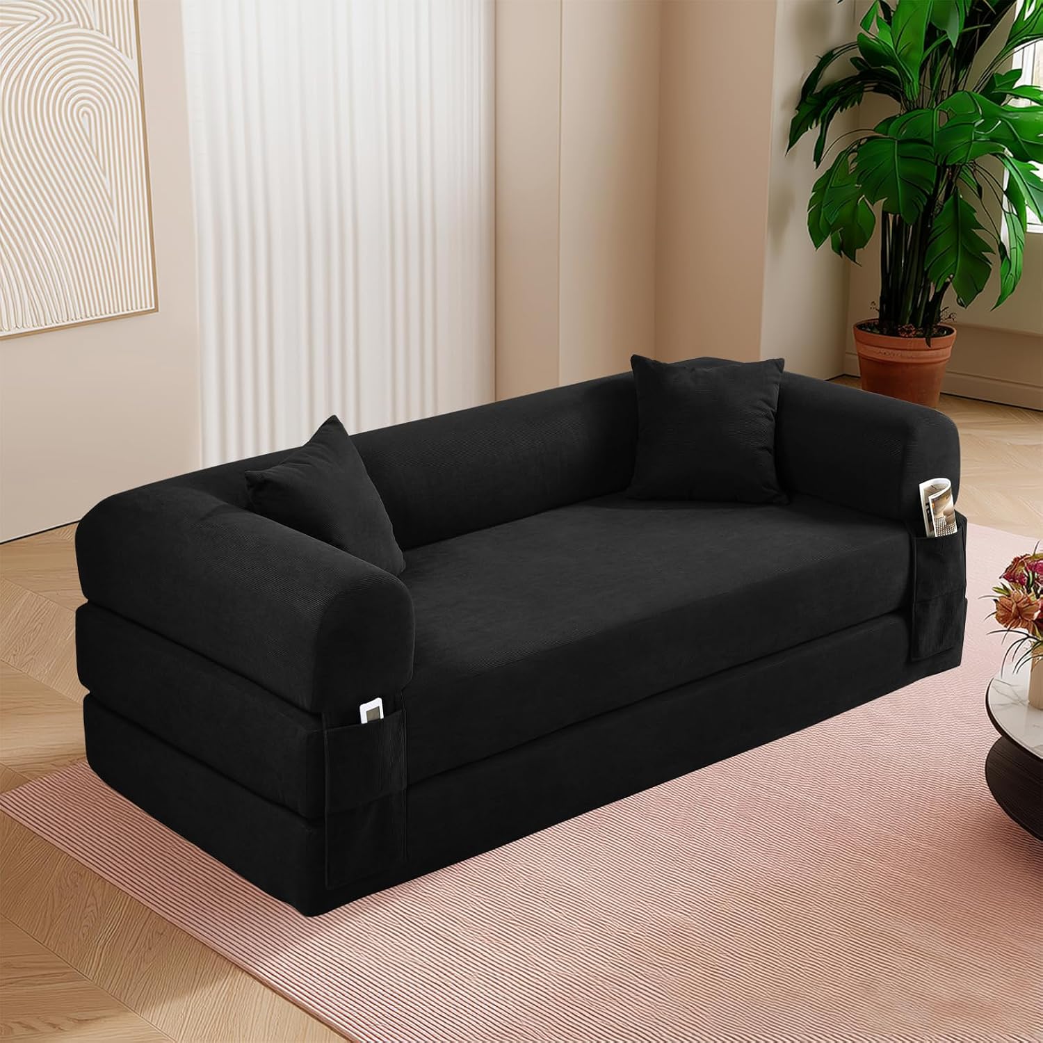 Convertible Futon Sofa Bed,80' Folding Pull Out Couch with Pillows & Storage Pocket (Black, Corduroy-35.5'W)