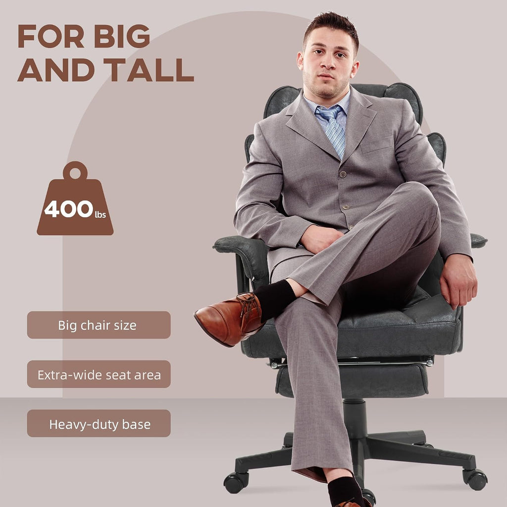 6 Vibration Points, 400LBS Heated Big and Tall Office Chair with Foot Rest and Lumbar Support, Microfiber Reclining Computer Desk Chair, Black