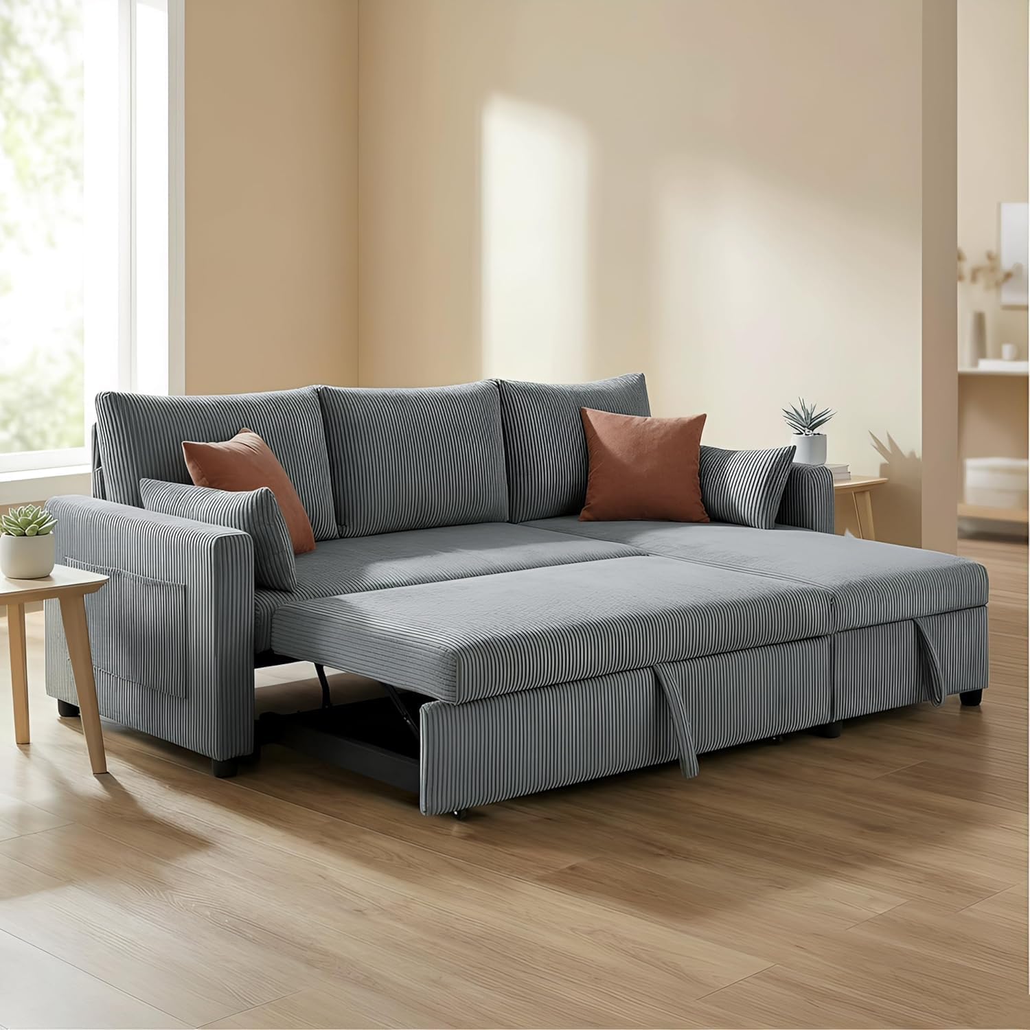 Queen Sleeper Sofa, Convertible Sofa Bed with Storage, 85 Inch Sectional Couch with Pull Out Bed, L Shaped 3 Seat Sectional Sleeper Sofa for Living Room, Apartment, Grey