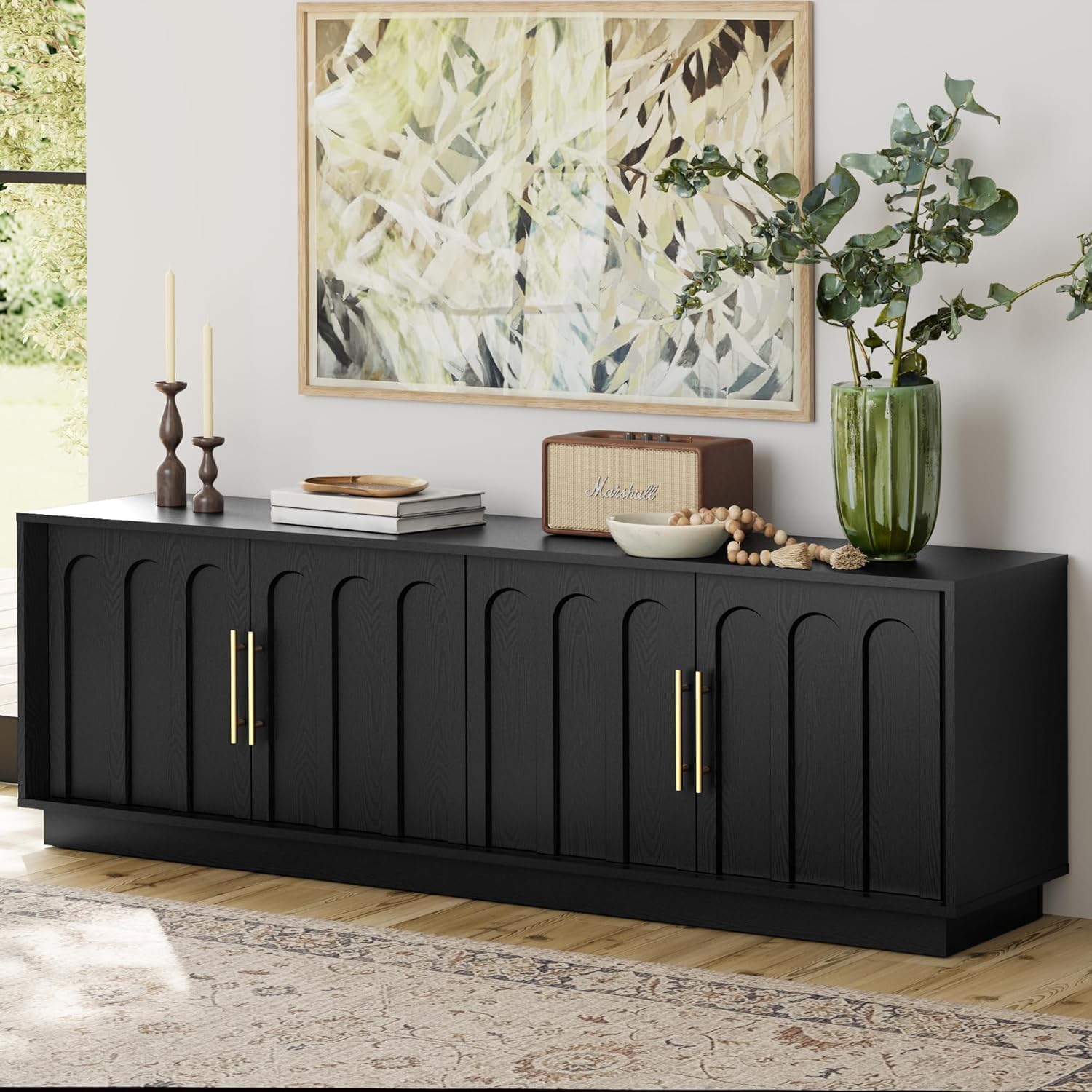 FORTUNETEC TV Stand for 75 Inch TV, 67' Entertainment Center with Arched Design, Minimalist Media Console with Adjustable Shelves, Modern TV Stand for Living Room Bedroom, Black